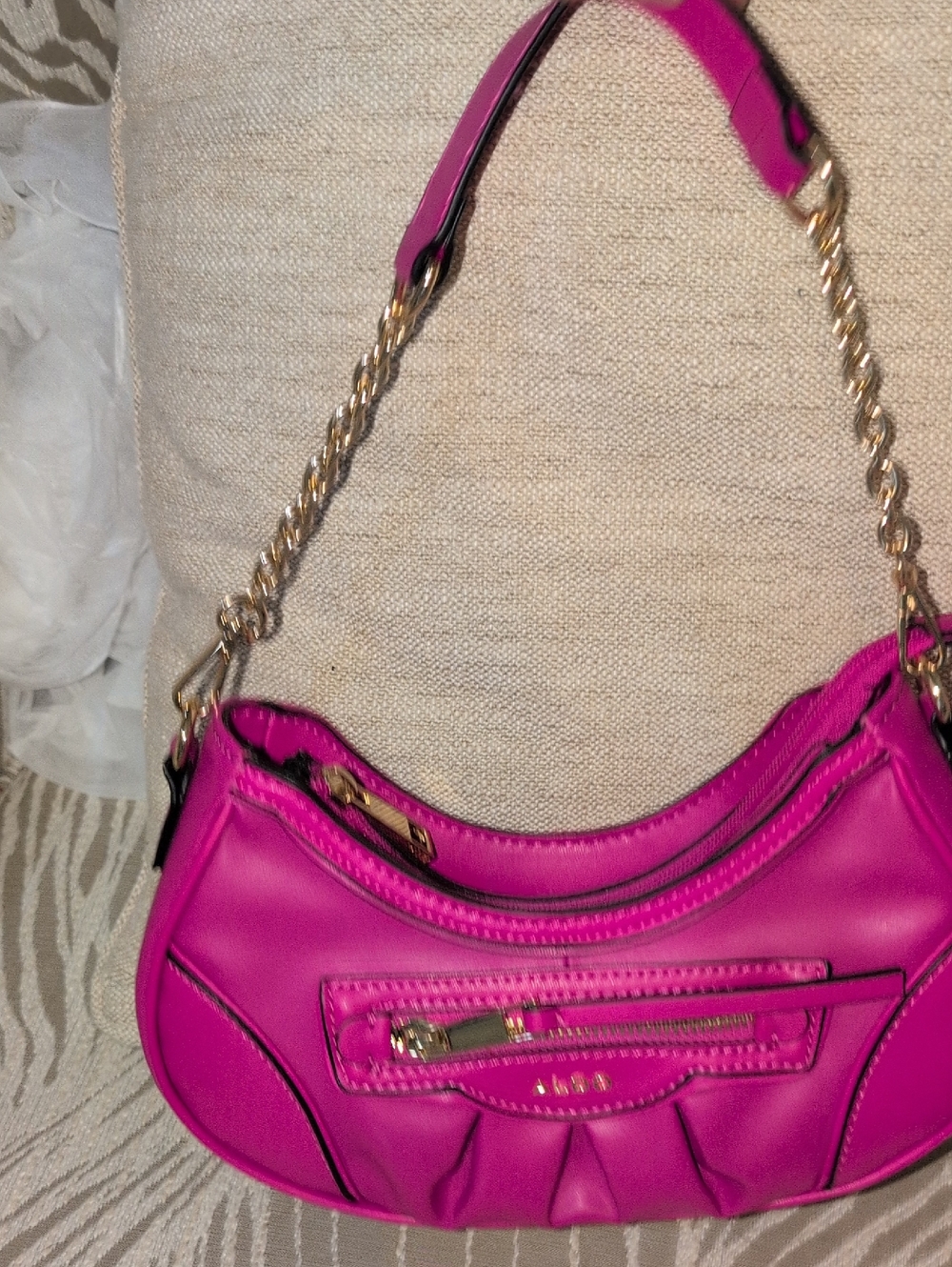 Aldo Hot Pink Crescent Shaped Shoulder Bag with Gold Chain Strap